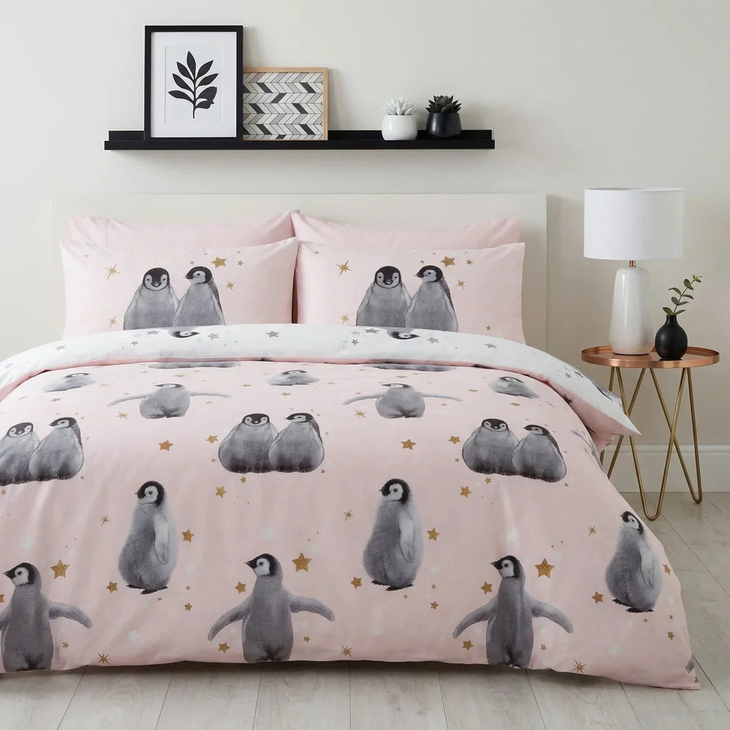 Starry Penguins Duvet Cover Set - Pink image 2