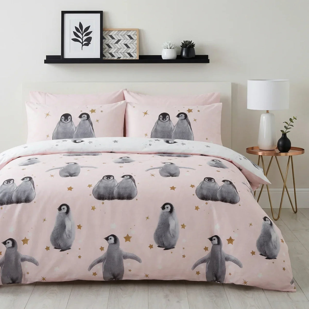 Starry Penguins Duvet Cover Set - Pink image 2