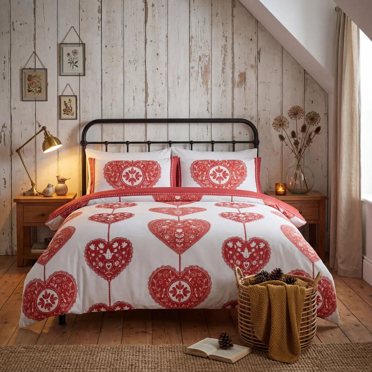 Scandi Heart Flannelette Duvet Cover Set - Red