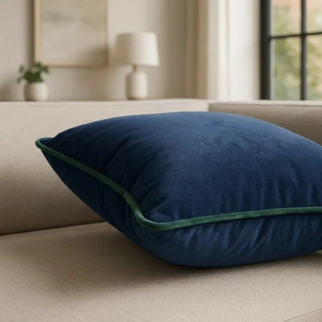 Piped Velvet Navy / Green Cushion Cover s 43cm x 43cm 43x43cm 2