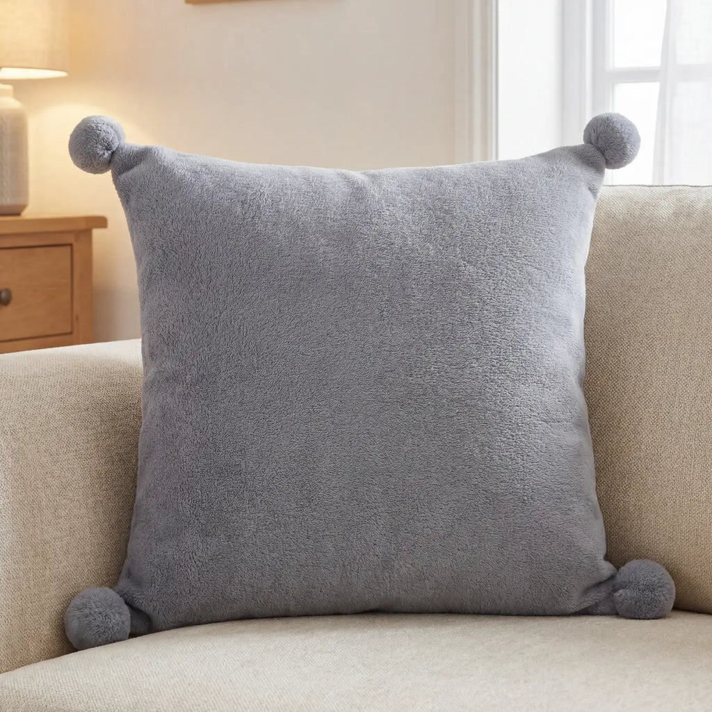 Pom Pom Fleece Cushion Cover Cosy Collection - Grey