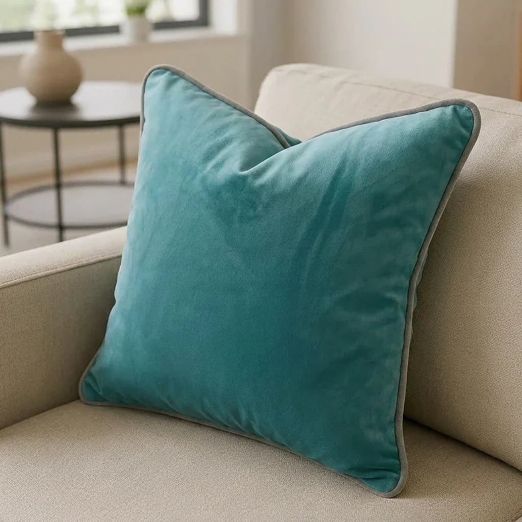 Piped Velvet Duck Egg / Silver Cushion Cover s 43cm x 43cm 43x43cm 3
