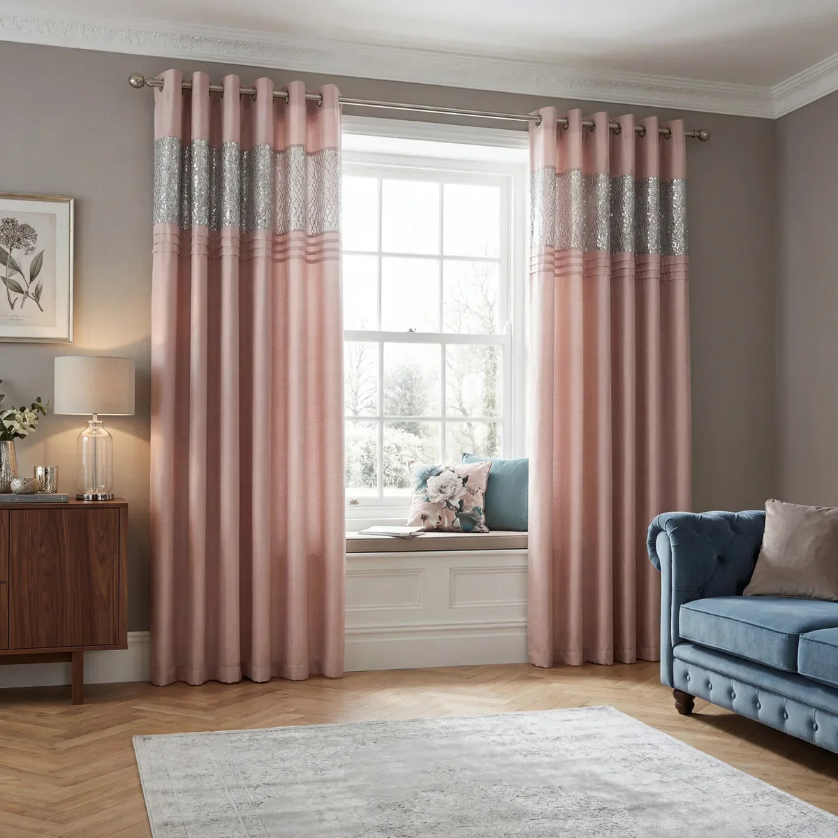 Charleston Glitter Eyelet Curtains - Blush Pink