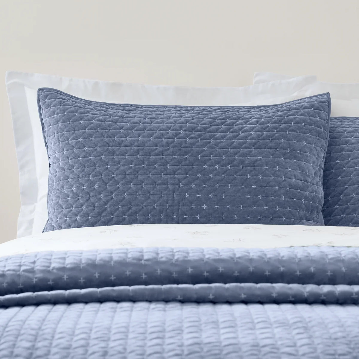 Bianca Attica Velvet Embroidered Blue Pillow Sham Pair