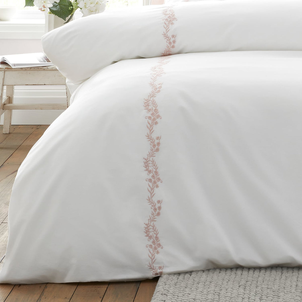 Bianca Fine Linens Camille Embroidered Floral White + Pink 100% Cotton Duvet Cover Bedding Set 2